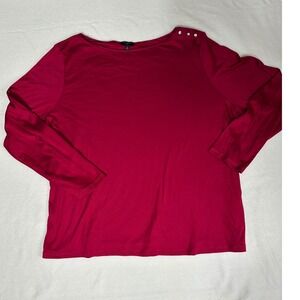 Talbots Woman 2X Red Long‎ Sleeve Top Boat Neck Rhinestone Button Detail